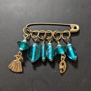 Antique Gold Tone and Teal Art Glass Beaded Stitch Markers Set of 6 Knitting
